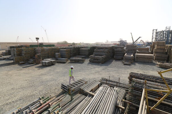 scaffolding equipment laid out in a yard